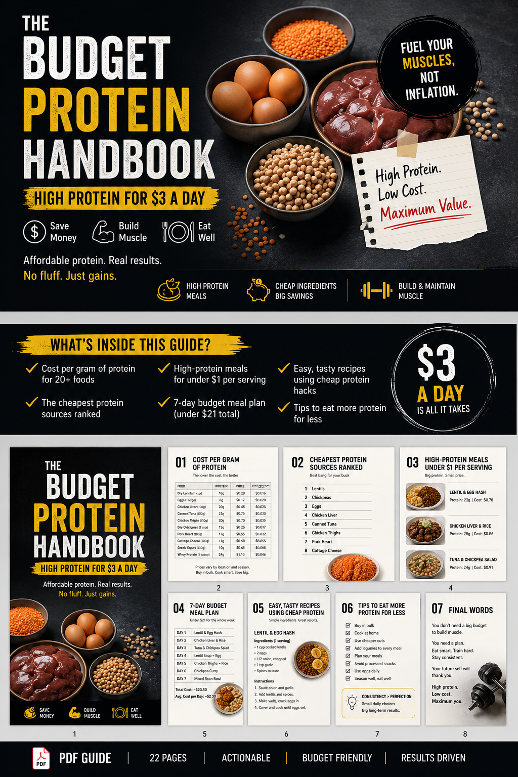 PDF digital guide titled "The Budget Protein Handbook" by Next Step Guide Hub, featuring high-protein meal ideas and tips.