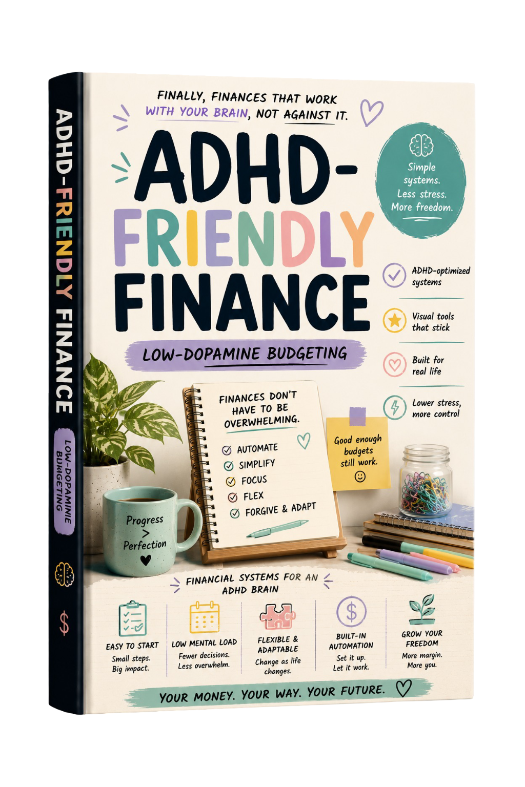 PDF digital cover of ADHD-Friendly Finance: Low-Dopamine Budgeting guide by Next Step Guide Hub, featuring calming financial planning visuals.