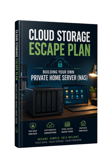 PDF guide cover titled "Cloud Storage Escape Plan" by Next Step Guide Hub, illustrating building a private home server or NAS.