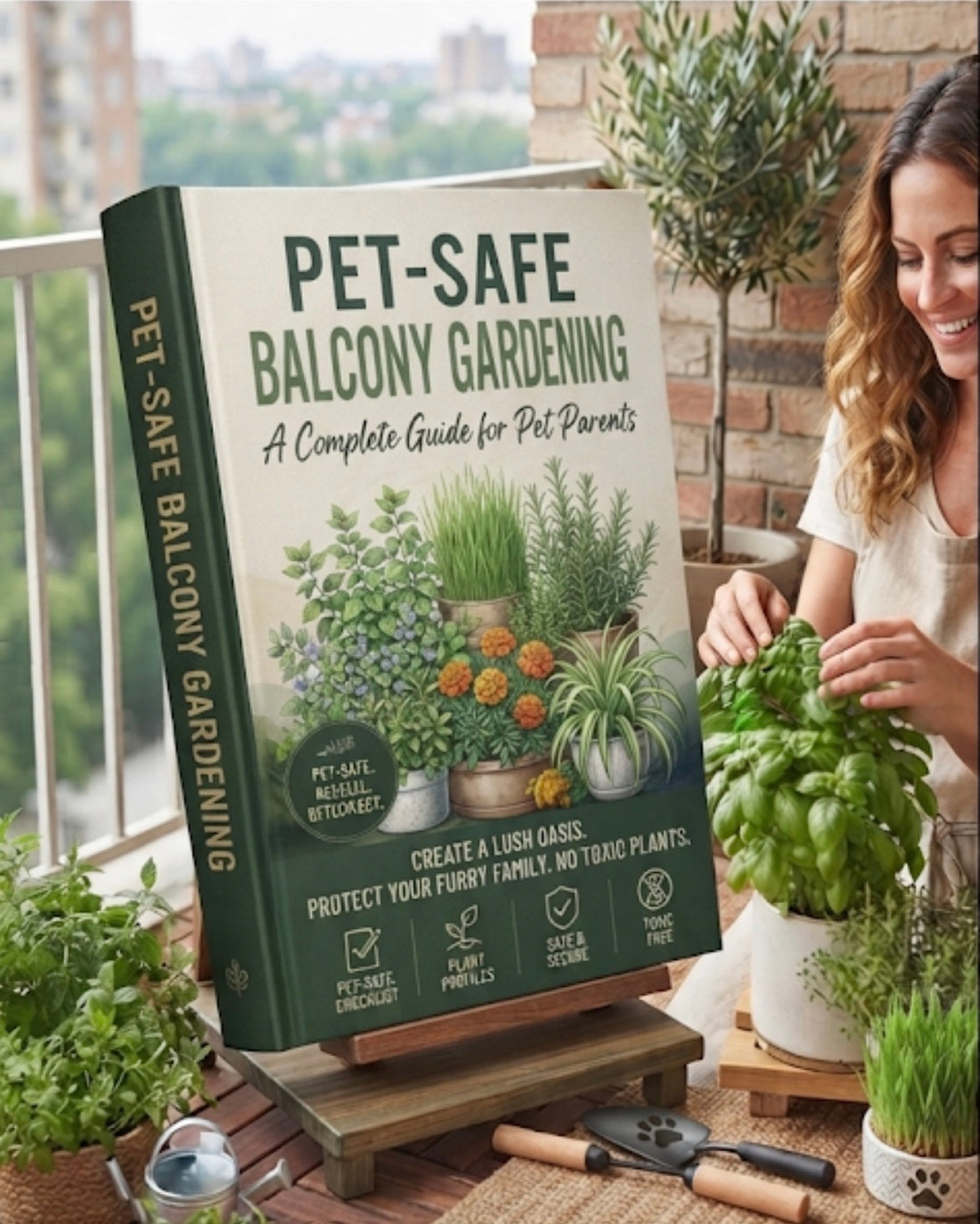 Pet-safe balcony gardening PDF guide by Next Step Guide Hub, showing tips for creating secure outdoor spaces for pets.