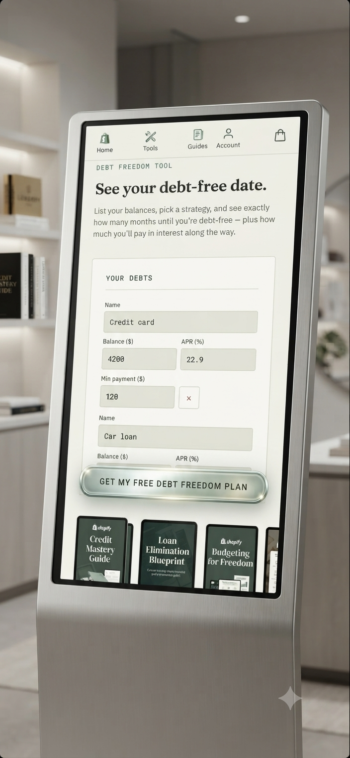 Digital debt payoff calculator by Next Step Guide Hub, showing a user interface for estimating debt repayment progress.