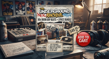 Digital tools for 90s underground hip-hop beats and lyrics collection by Next Step Guide Hub, featuring beat samples and lyric sheets.