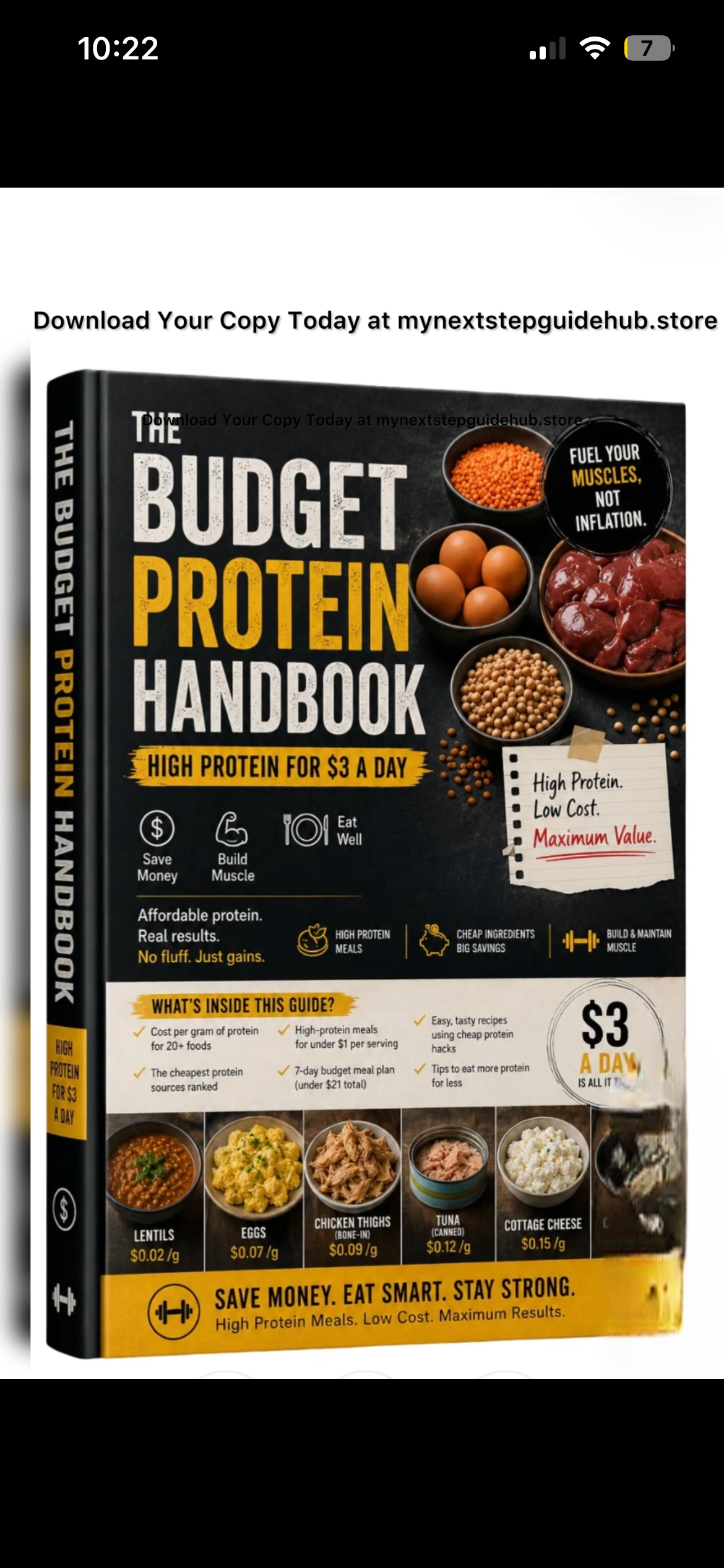 Digital PDF of The Budget Protein Handbook by Next Step Guide Hub, featuring high-protein meal ideas and recipes.