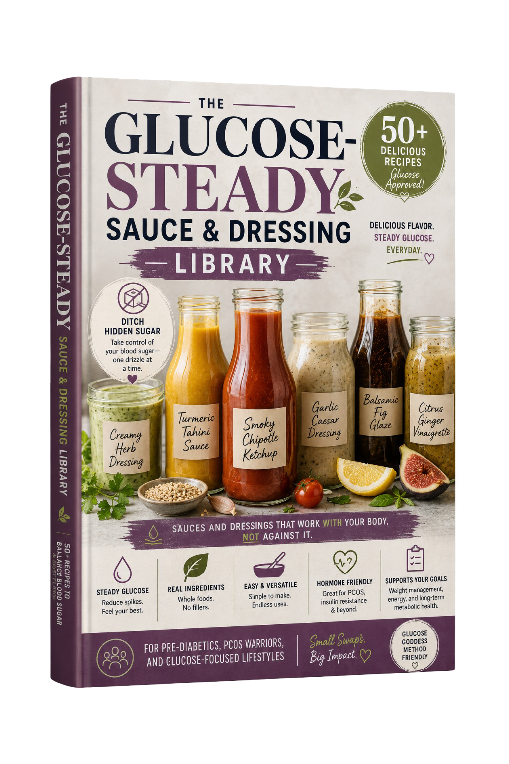 PDF digital guide titled Glucose-Steady Sauce & Dressing Library by Next Step Guide Hub, featuring various healthy sauce and dressing recipes.