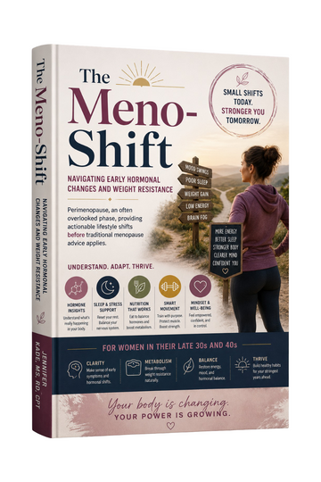 Digital PDF guide titled The Meno-Shift: Navigating Early Hormonal Changes and Weight Resistance with informative cover image.