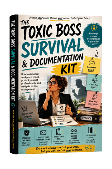 PDF digital image of The Toxic Boss Survival & Documentation Kit by Next Step Guide Hub, featuring guides and templates for managing toxic bosses.