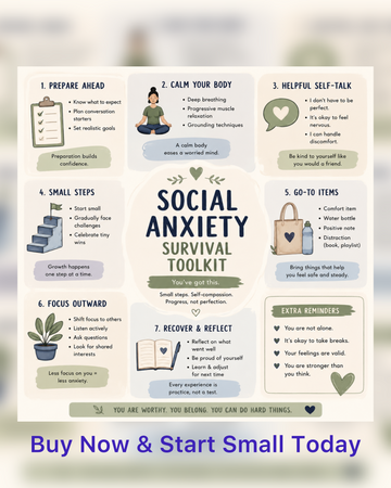 Digital PDF of Social Anxiety Survival Toolkit by Next Step Guide Hub, showing pages with helpful strategies and tips.